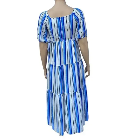 New Melonie Women White Blue Stripes Square Neck Puff Sleeve Maxi Dress 14 - Picture 4 of 4